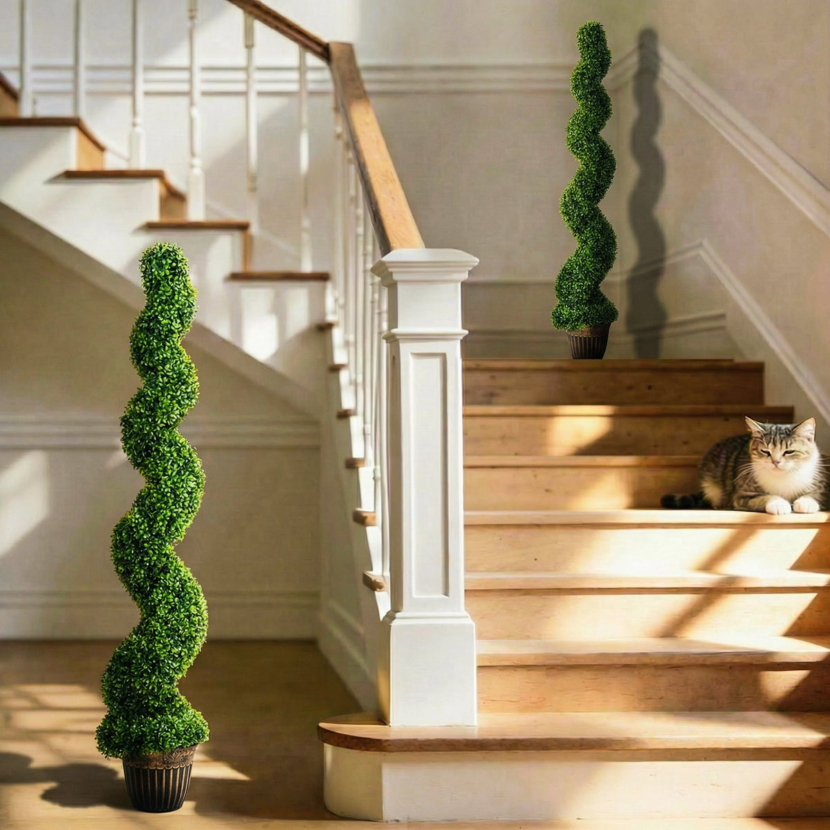 Homcom set of 2 green artificial spiral boxwood trees in dark pots perfect for indoor outdoor decor 150cm tall
