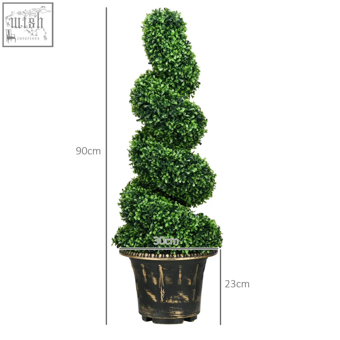 A 90cm tall artificial spiral boxwood tree with vibrant green foliage in a black and gold decorative pot for indoor outdoor decor