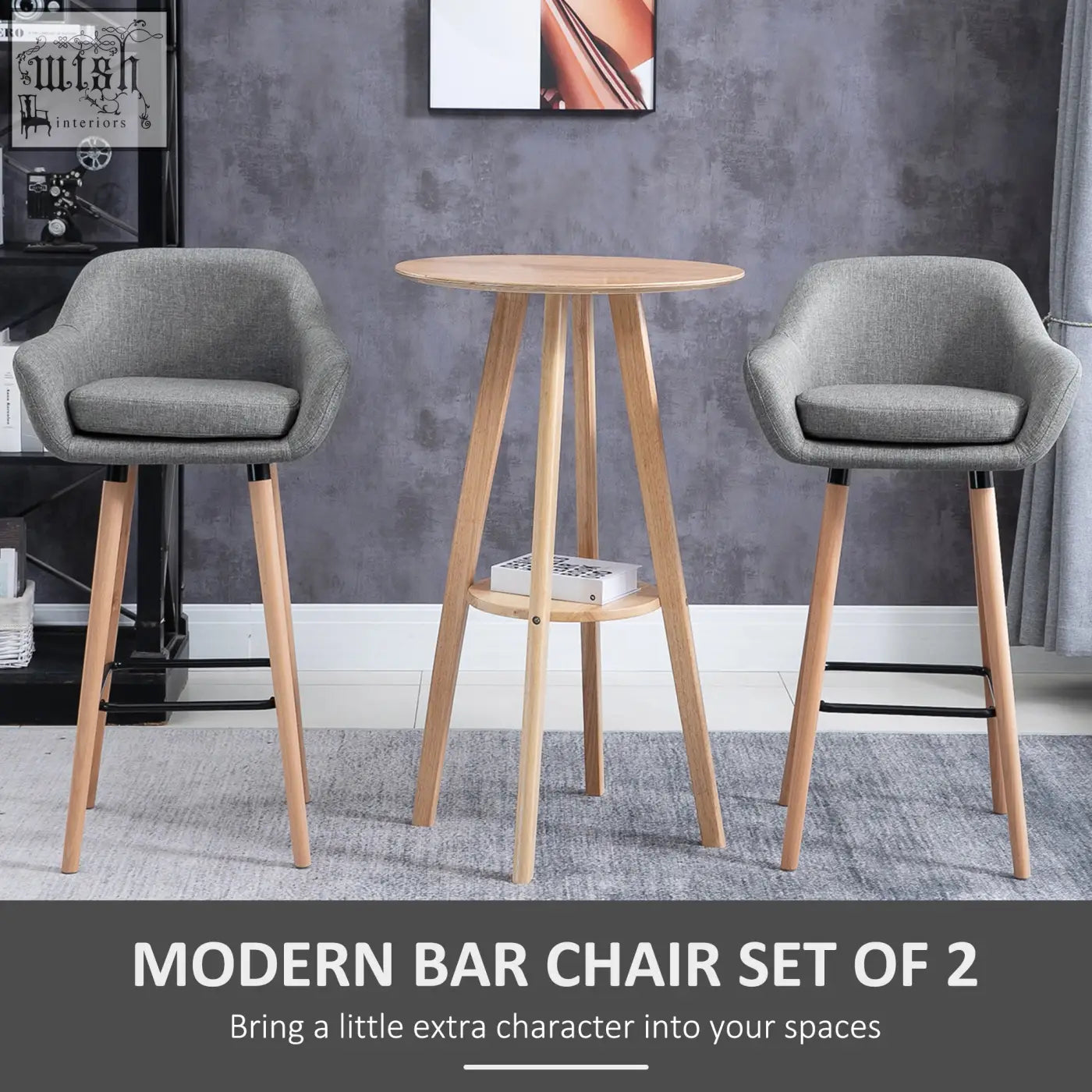 Modern gray bar stools with linen upholstery solid wood legs and black metal footrests for living room or dining room use