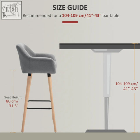 Gray upholstered bar stools with linen upholstery, solid wood legs, and black metal footrest for dining or living room