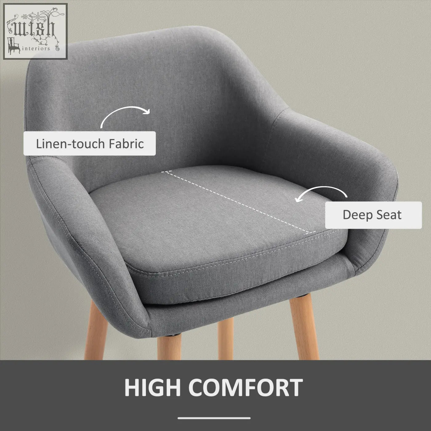Gray linen upholstery bar stool with deep seat and solid wood legs perfect for living room or dining room use
