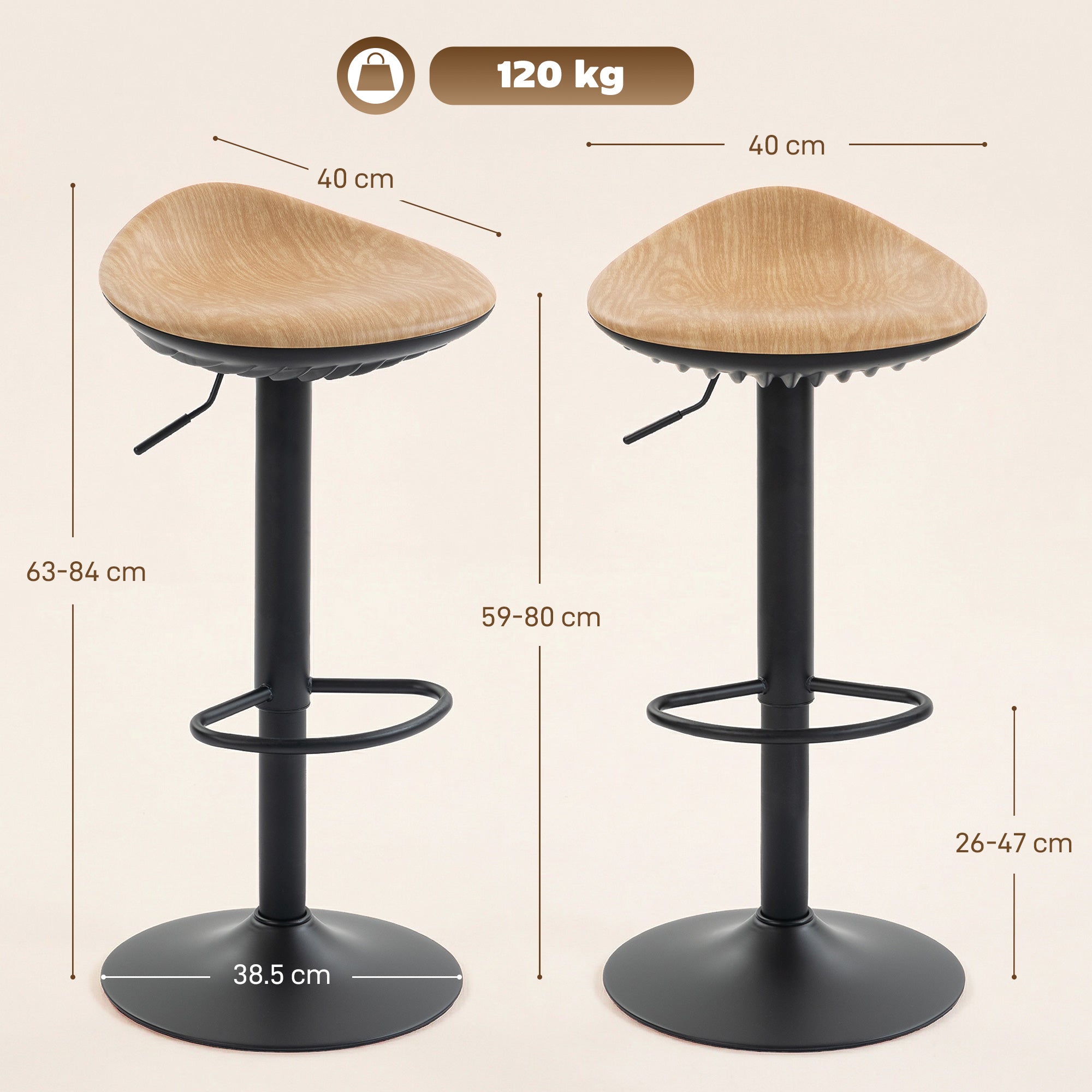 Modern black metal bar stools with oak saddle seats 40w x 40d height adjusts swivel kitchen chairs set of 2