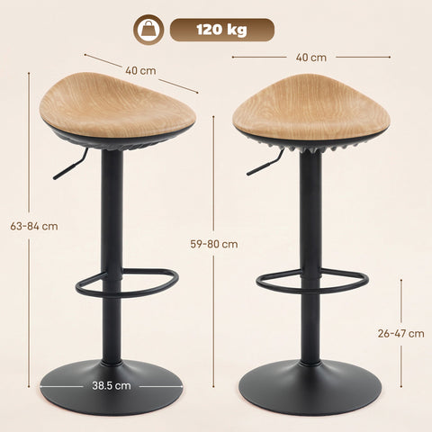 Modern black metal bar stools with oak saddle seats 40w x 40d height adjusts swivel kitchen chairs set of 2