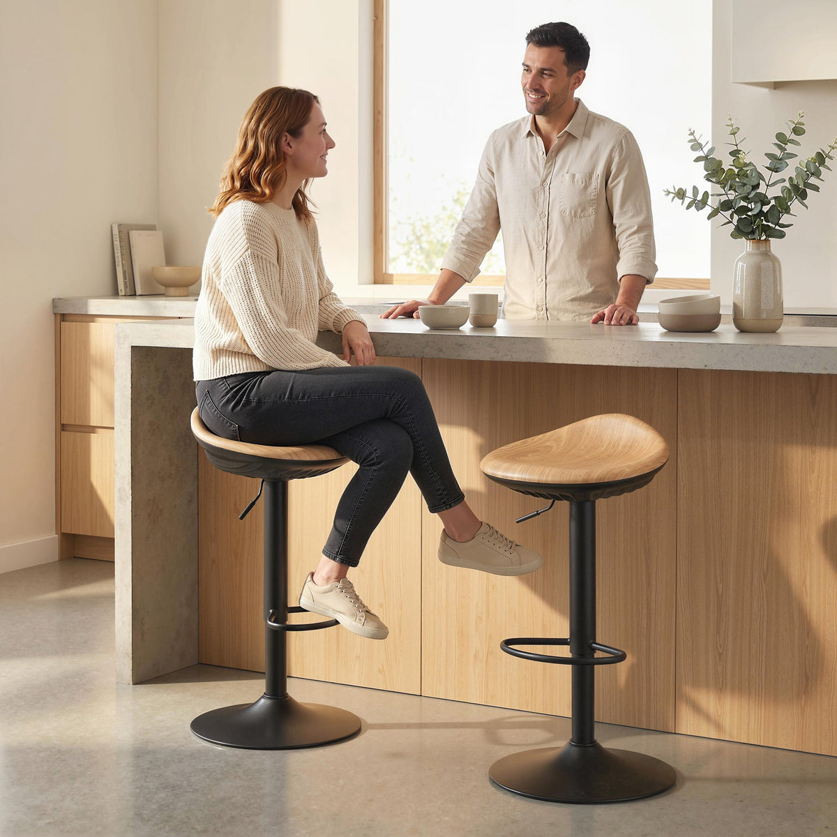 Black metal bar stools with light wood saddle seats height adjusts 40w x 40d swivel kitchen stools with footrest oak