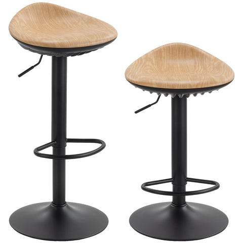 Modern black metal bar stools with oak grain saddle seats 40w x 40d height adjusts for kitchen use set of 2