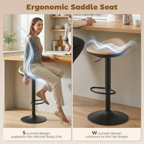 Ergonomic saddle seat bar stools set of 2 with light wood finish black metal frame height adjusts 40w x 40d oak