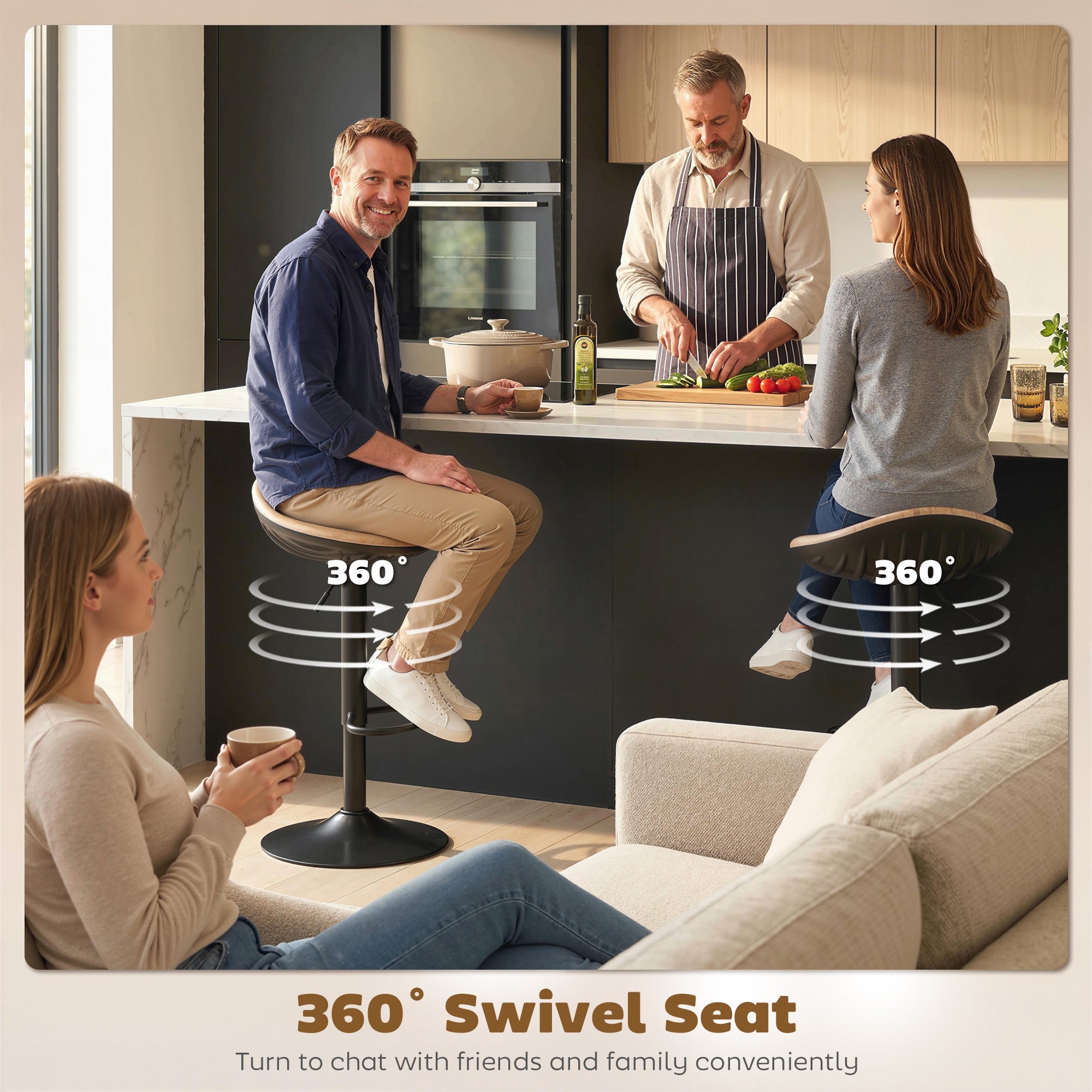 Black HOMCOM bar stools with 40w x 40d PU leather seats, height adjusts, 360-degree swivel, and oak footrest