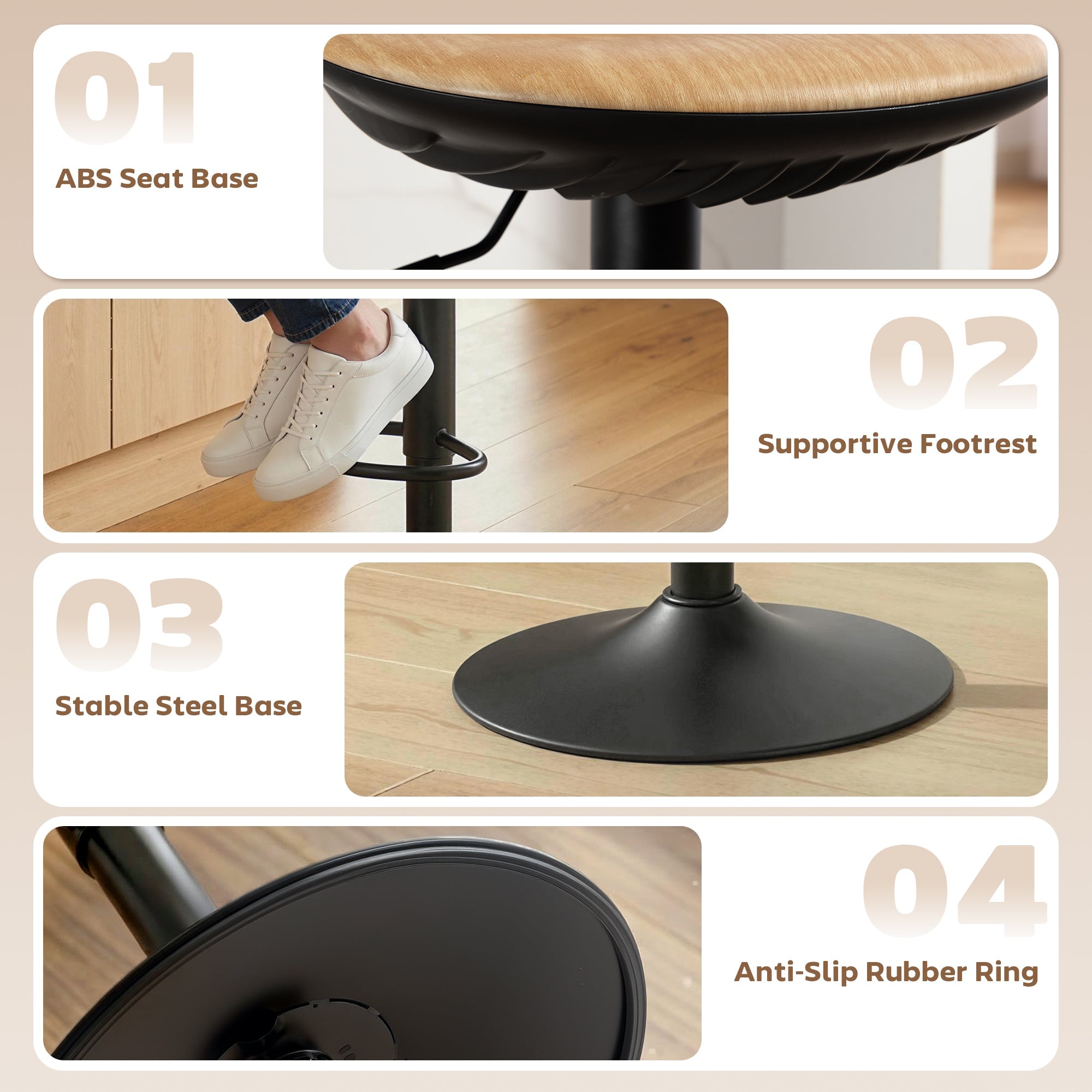 Black abs seat base with ribbed texture and light wood grain finish for homcom bar stools 40w x 40d height adjusts