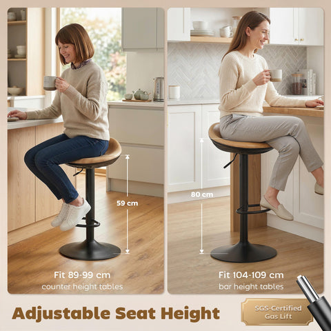 Black metal bar stools with round wooden seat height adjusts 40w x 40d perfect for kitchen or bar use
