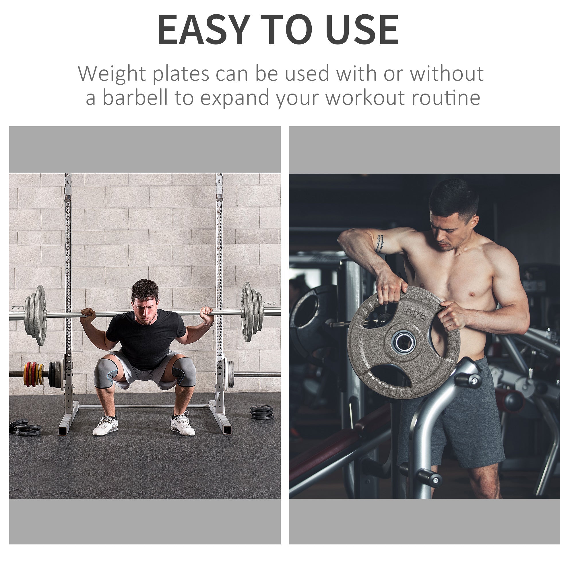 Gray cast iron weight plates with textured hand grip and 2 inch centre hole for dumbbell and barbell use