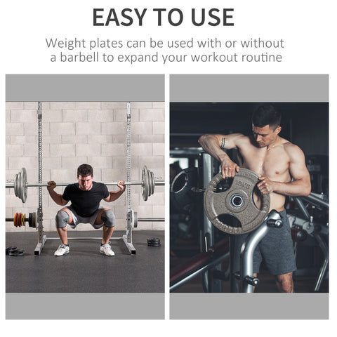 Gray cast iron weight plates with textured hand grip and 2 inch centre hole for dumbbell and barbell use