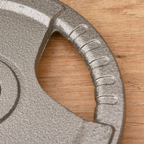 Gray cast iron weight plates set of 2 with textured speckled surface hand grip and 2 inch centre hole for dumbbells