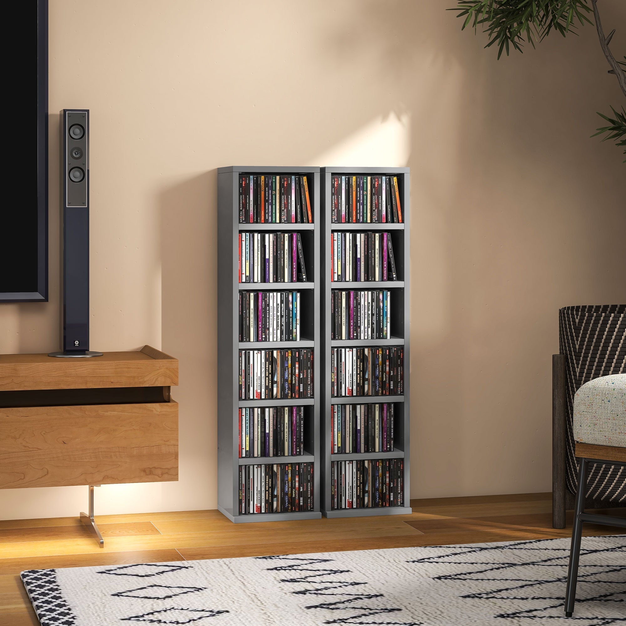 Gray metal cd rack unit features six compartments with adjustable shelves in high gloss grey for colorful discs storage