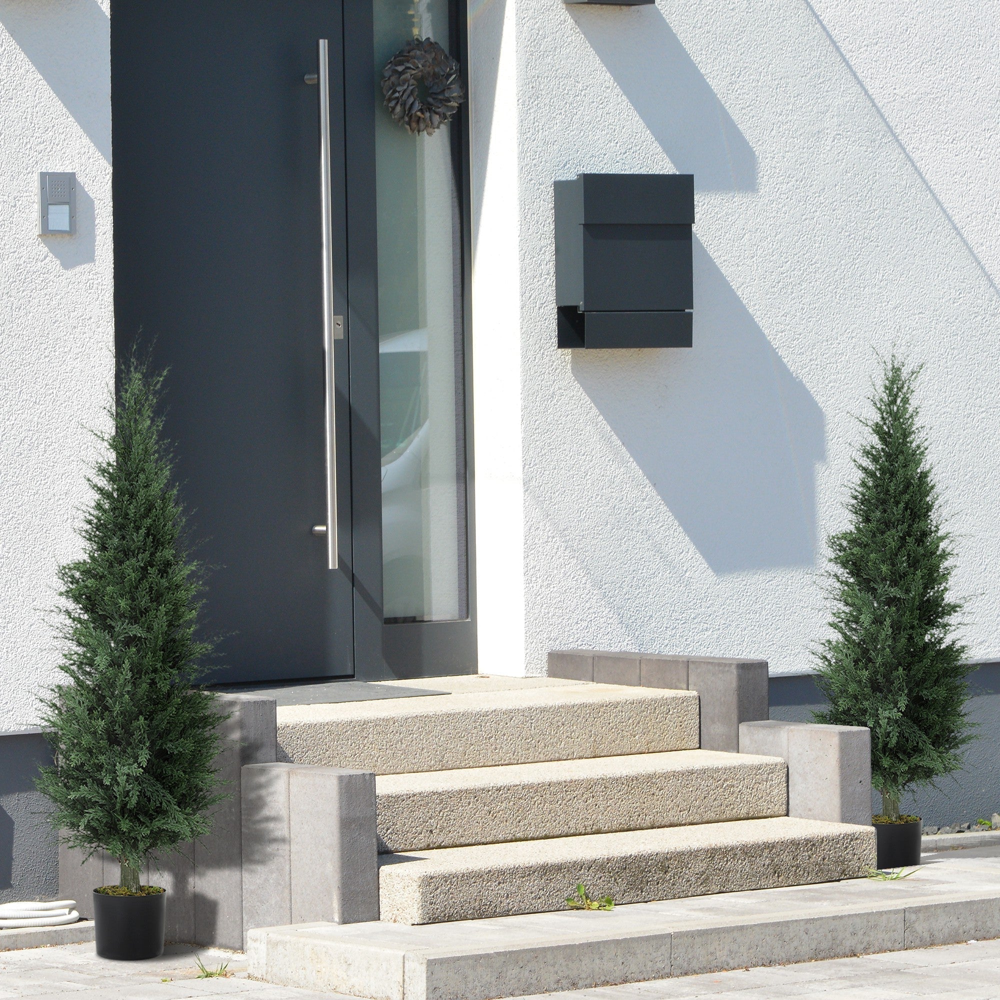 Two artificial green cypress trees with 638 leaves in black nursery pots perfect for indoor outdoor green thumb decor