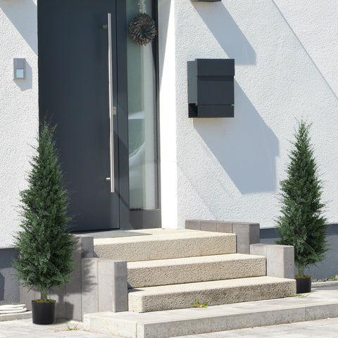 Two artificial green cypress trees with 638 leaves in black nursery pots perfect for indoor outdoor green thumb decor