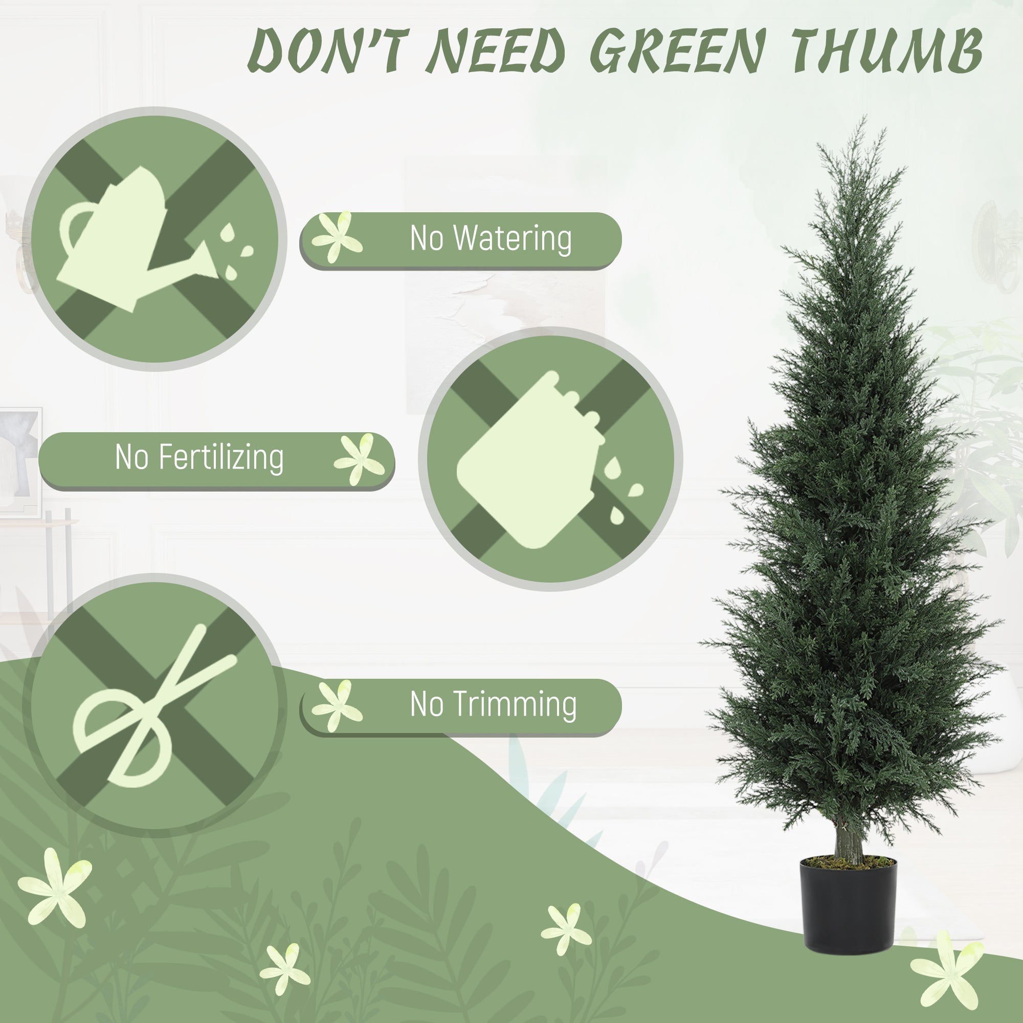 A tall dark green artificial plant cypress tree with 638 leaves in a black nursery pot perfect for indoor outdoor use