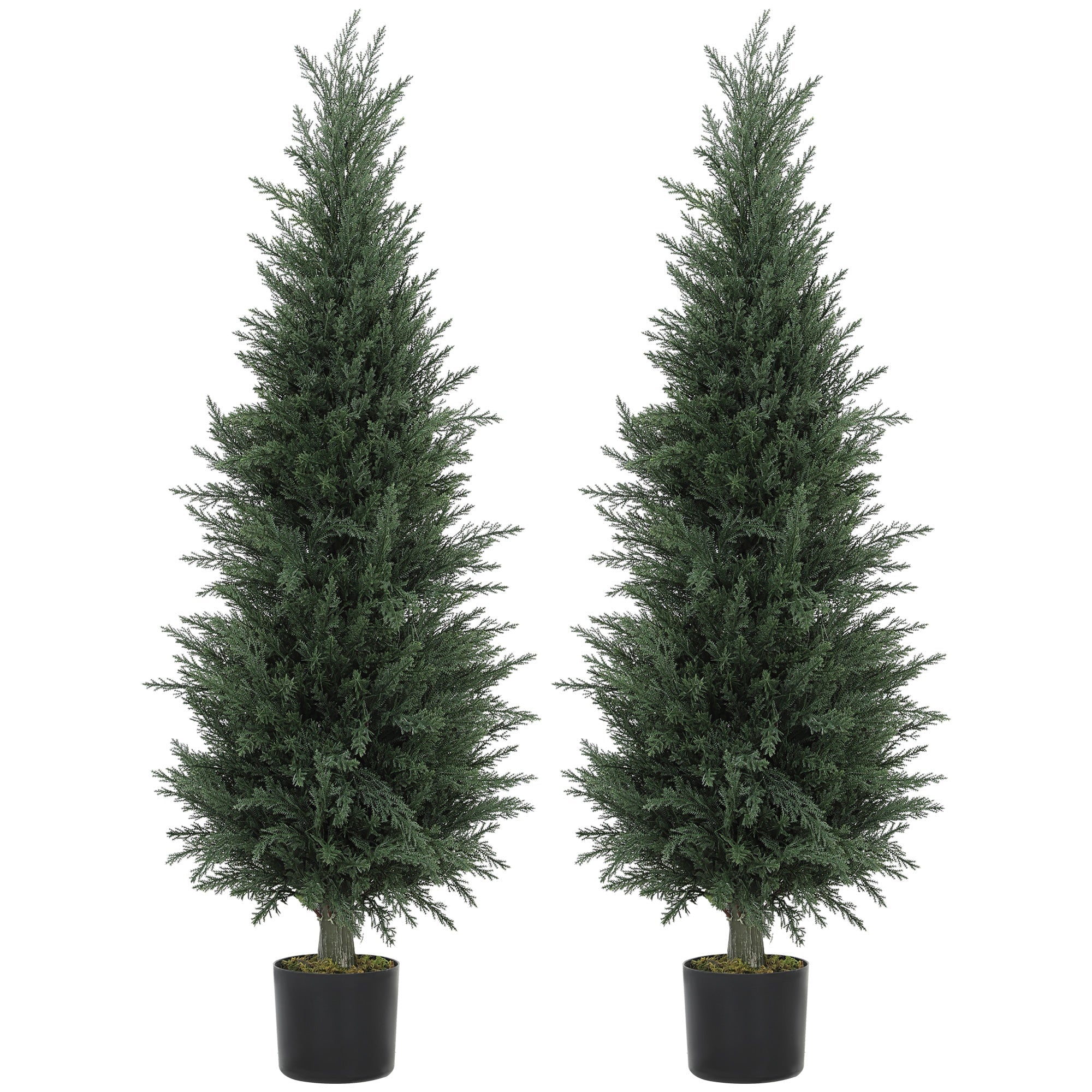 Two identical homcom artificial cypress trees in black nursery pots with dense green foliage perfect for green thumbs