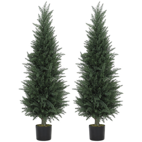 Two identical homcom artificial cypress trees in black nursery pots with dense green foliage perfect for green thumbs