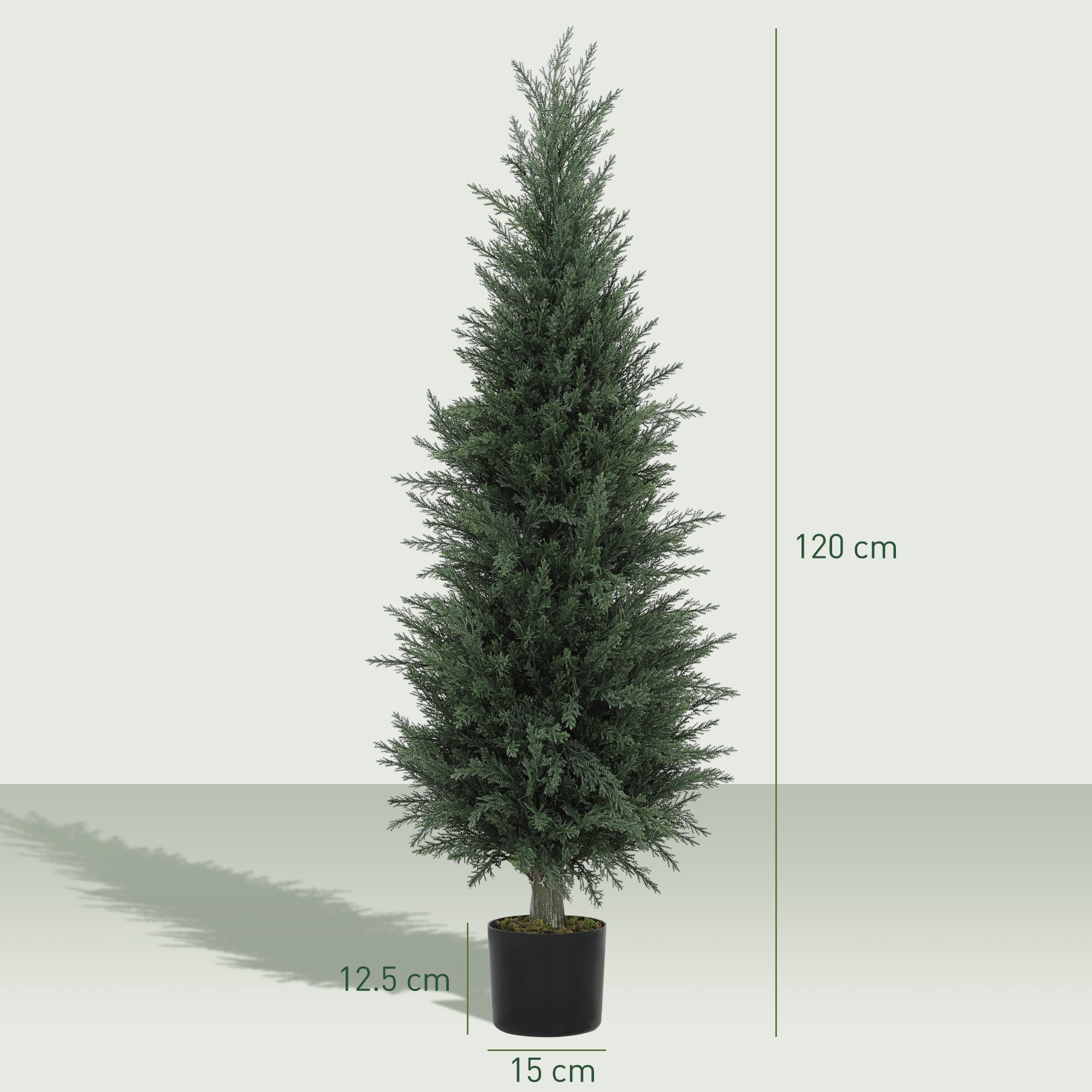 Tall 120 cm artificial cypress tree with dense dark green foliage in sleek black nursery pot for indoor outdoor use