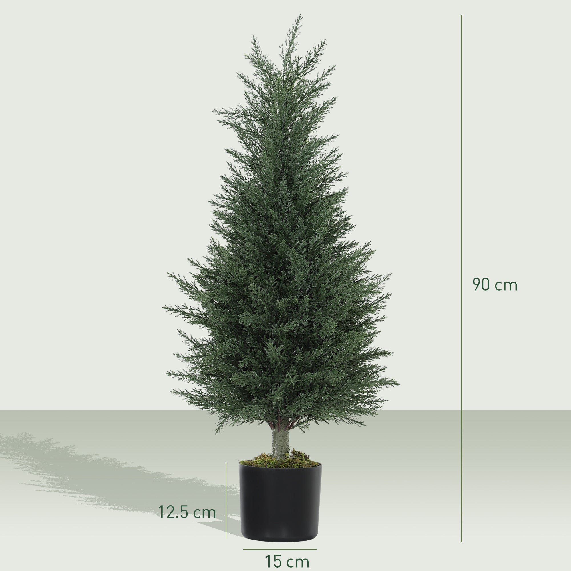 Tall dark green artificial cypress tree with dense foliage in sleek black nursery pot perfect for green thumb decor