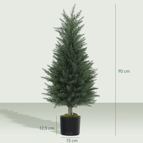 Tall dark green artificial cypress tree with dense foliage in sleek black nursery pot perfect for green thumb decor