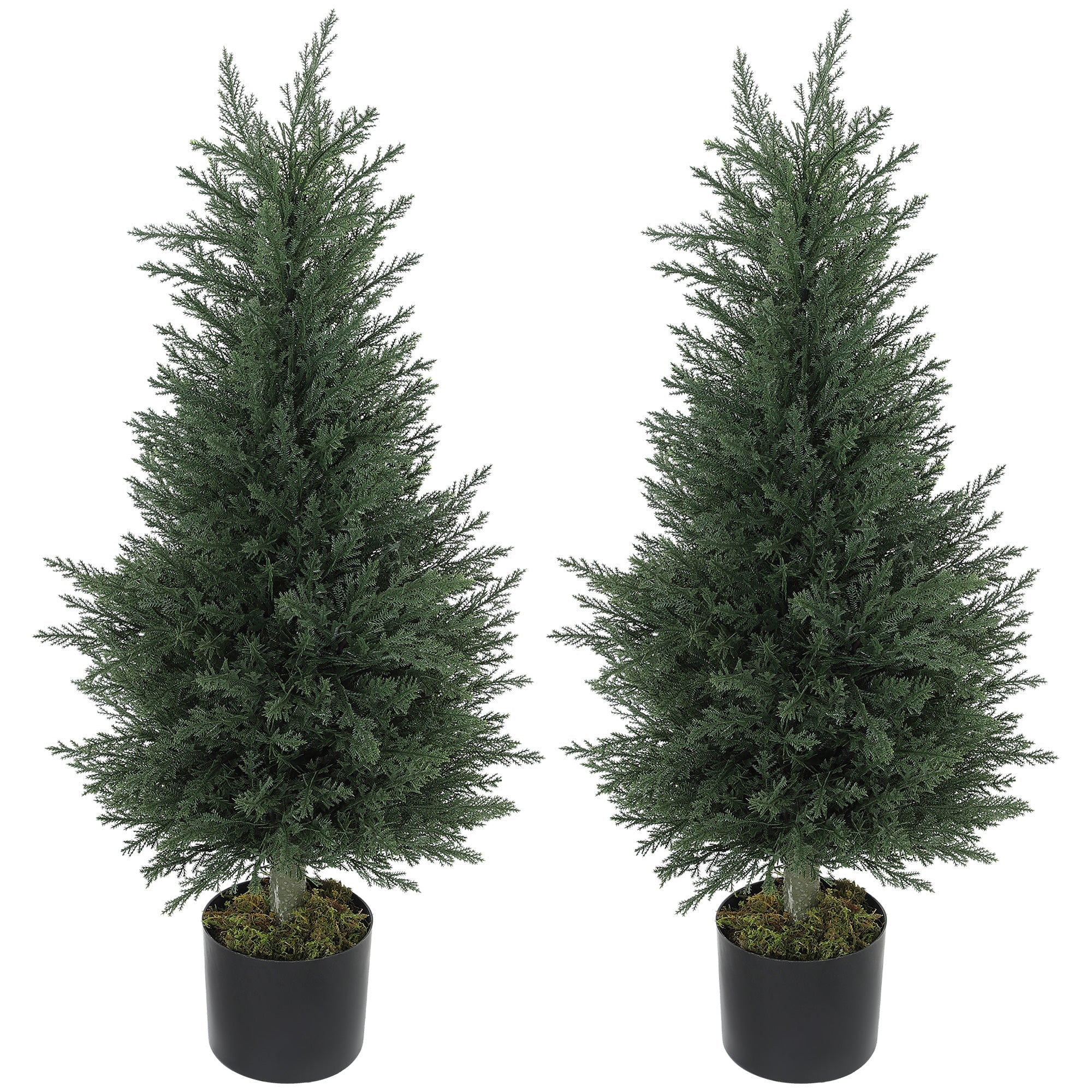 Two 90 cm artificial cypress trees with 362 green leaves in black nursery pots perfect for green thumb decor