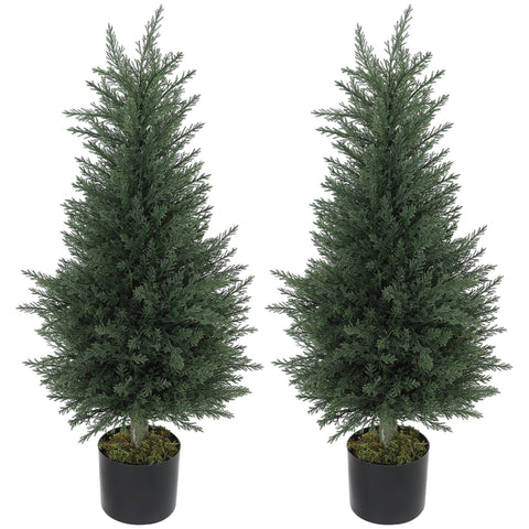 Two 90 cm artificial cypress trees with 362 green leaves in black nursery pots perfect for green thumb decor
