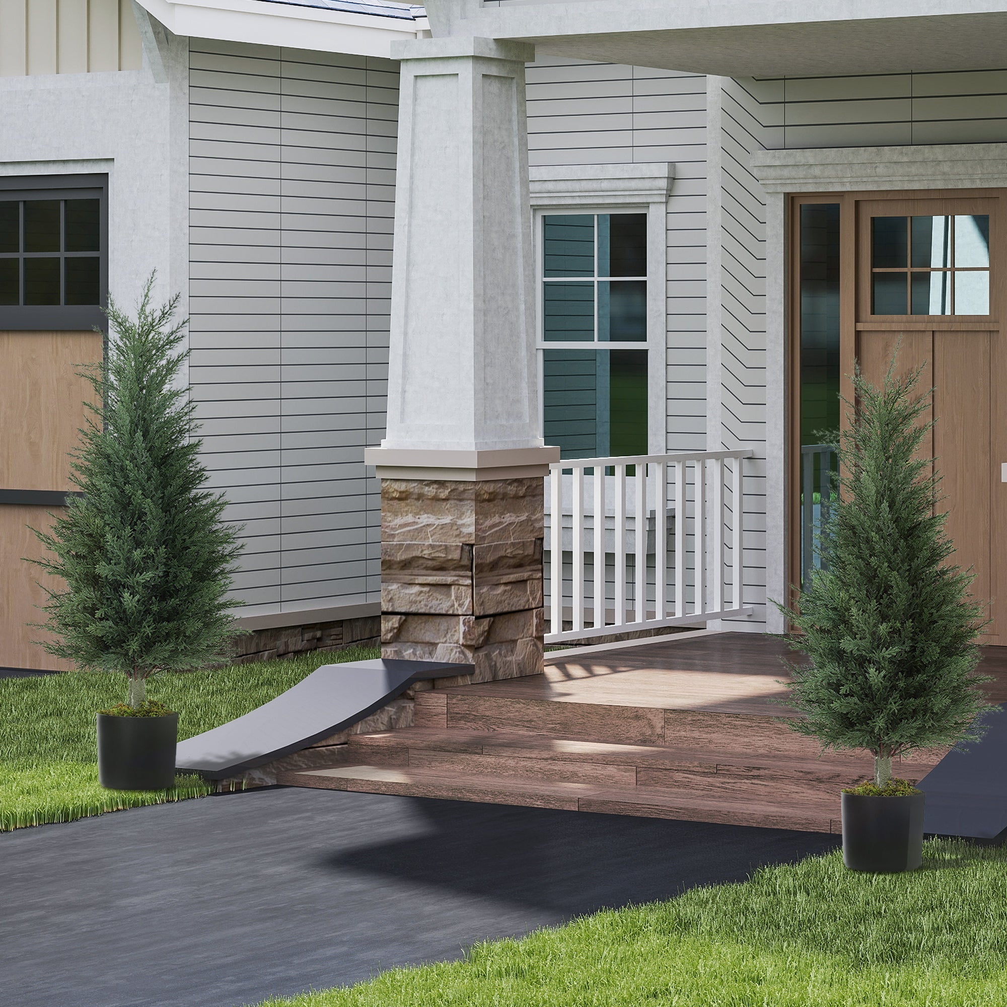 Gray concrete ramp leading to wooden porch step with homcom green artificial plant in nursery pot for green thumb use