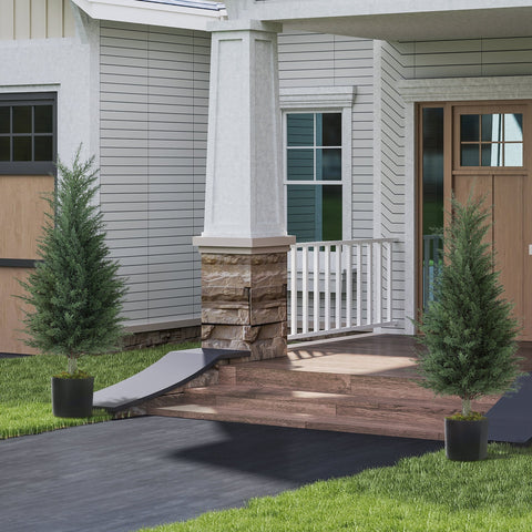 Gray concrete ramp leading to wooden porch step with homcom green artificial plant in nursery pot for green thumb use