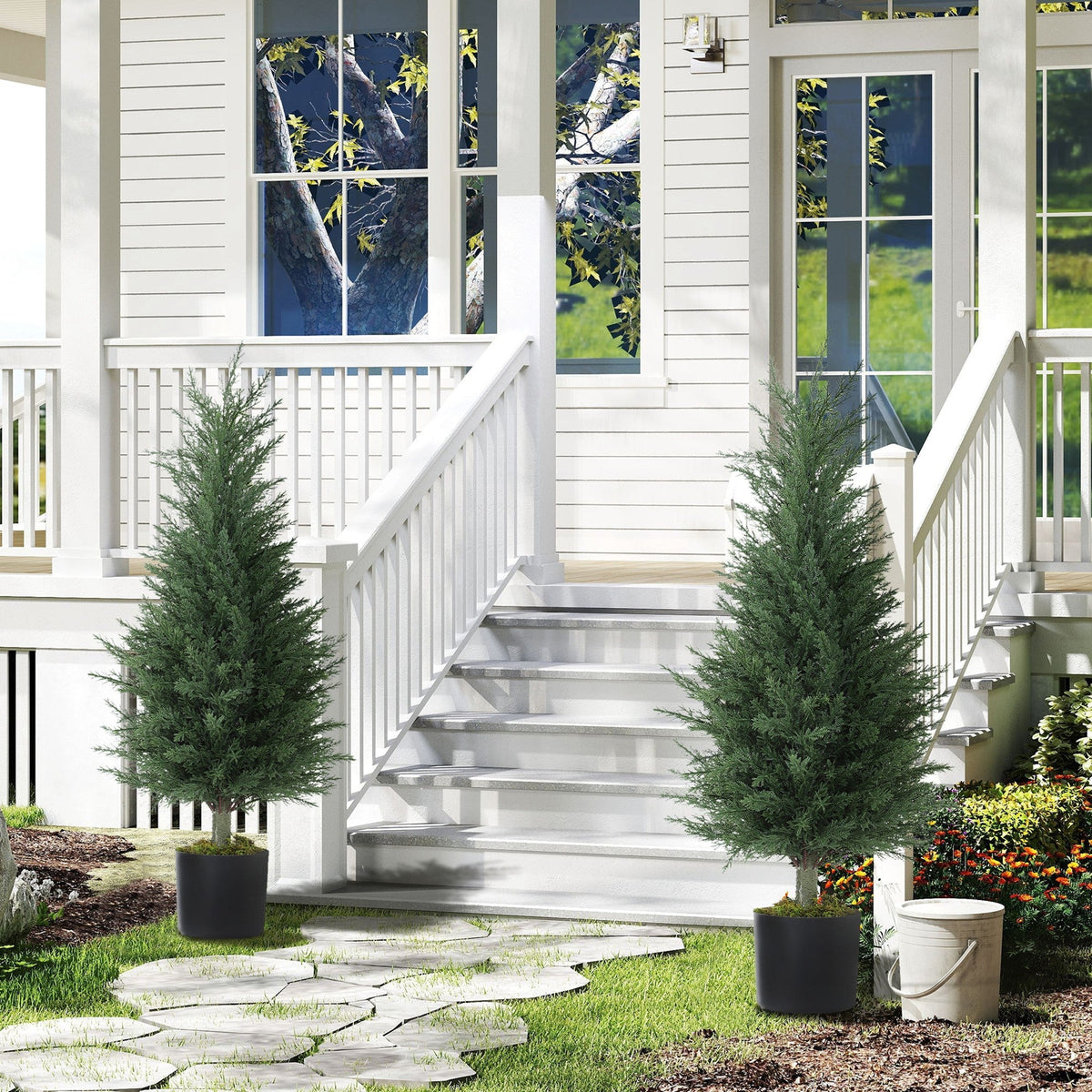 Two dark green artificial cypress trees in black nursery pots with uv-resistant plastic leaves for indoor outdoor use