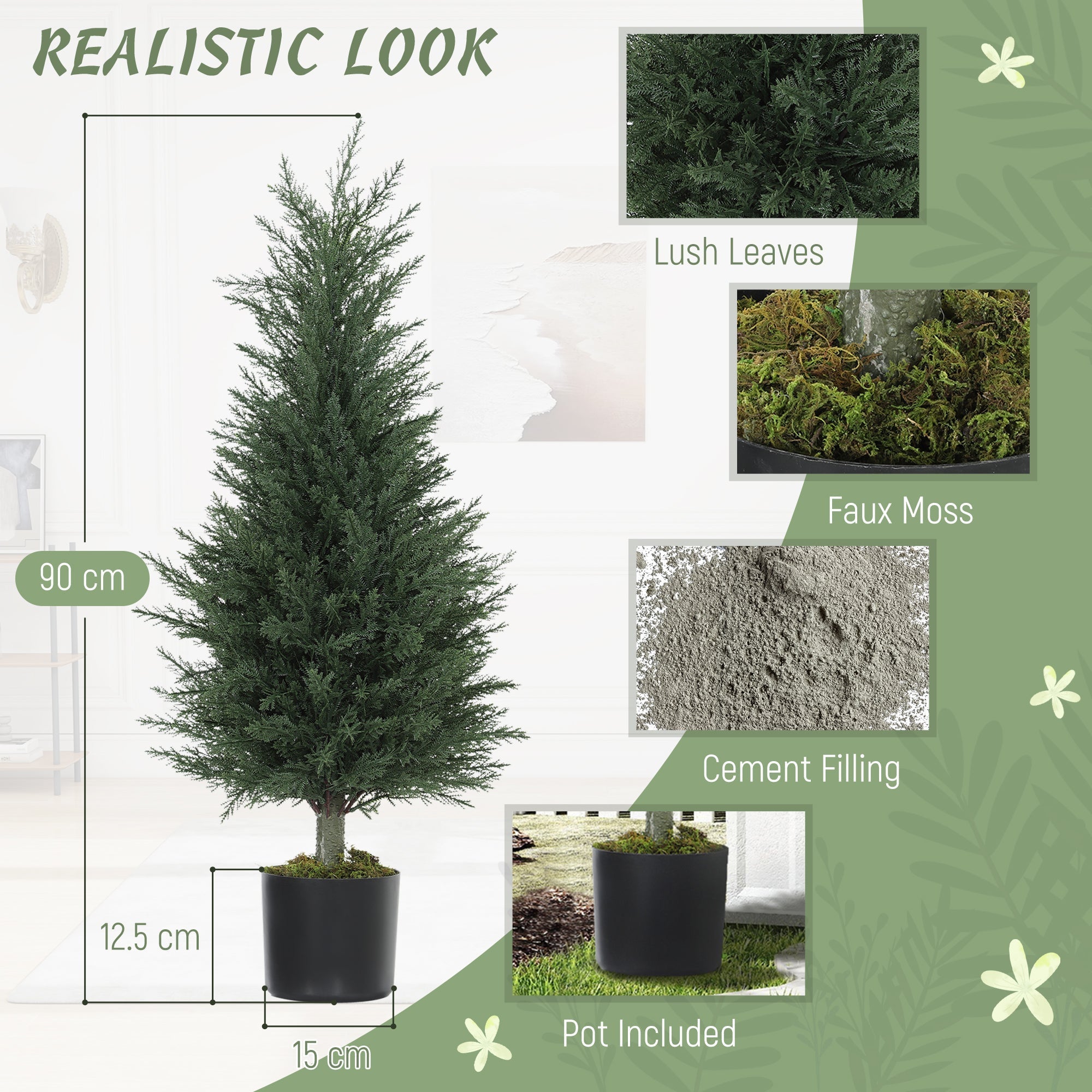 Homcom artificial plant set with 90 cm green cypress tree in nursery pot with faux moss for indoor and outdoor use