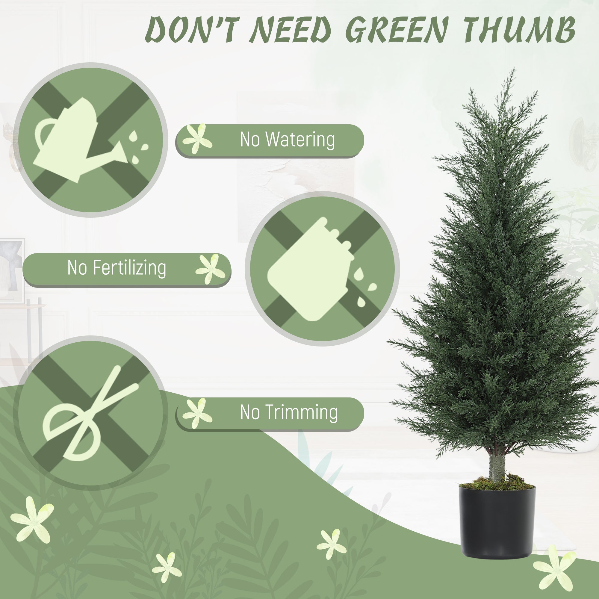 Lush dark green artificial cypress tree with 362 leaves in sleek black nursery pot perfect for green thumb decor