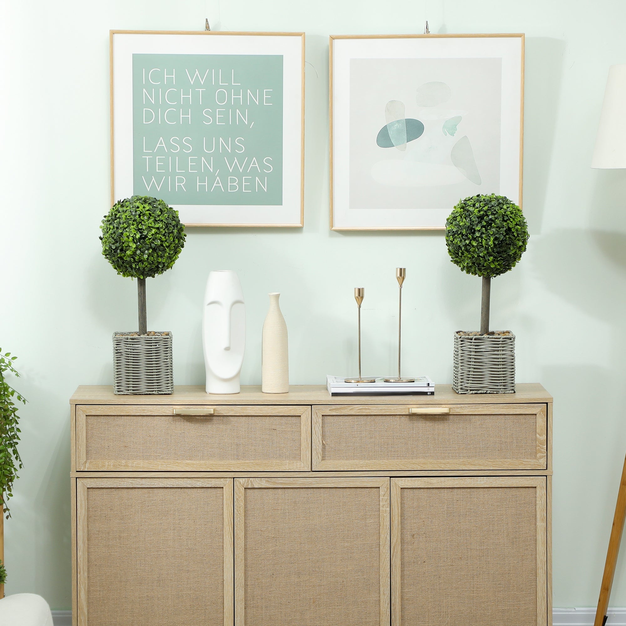 Beige woven sideboard topped with homcom green faux boxwood topiary balls in woven plastic pot, fully assembled decor