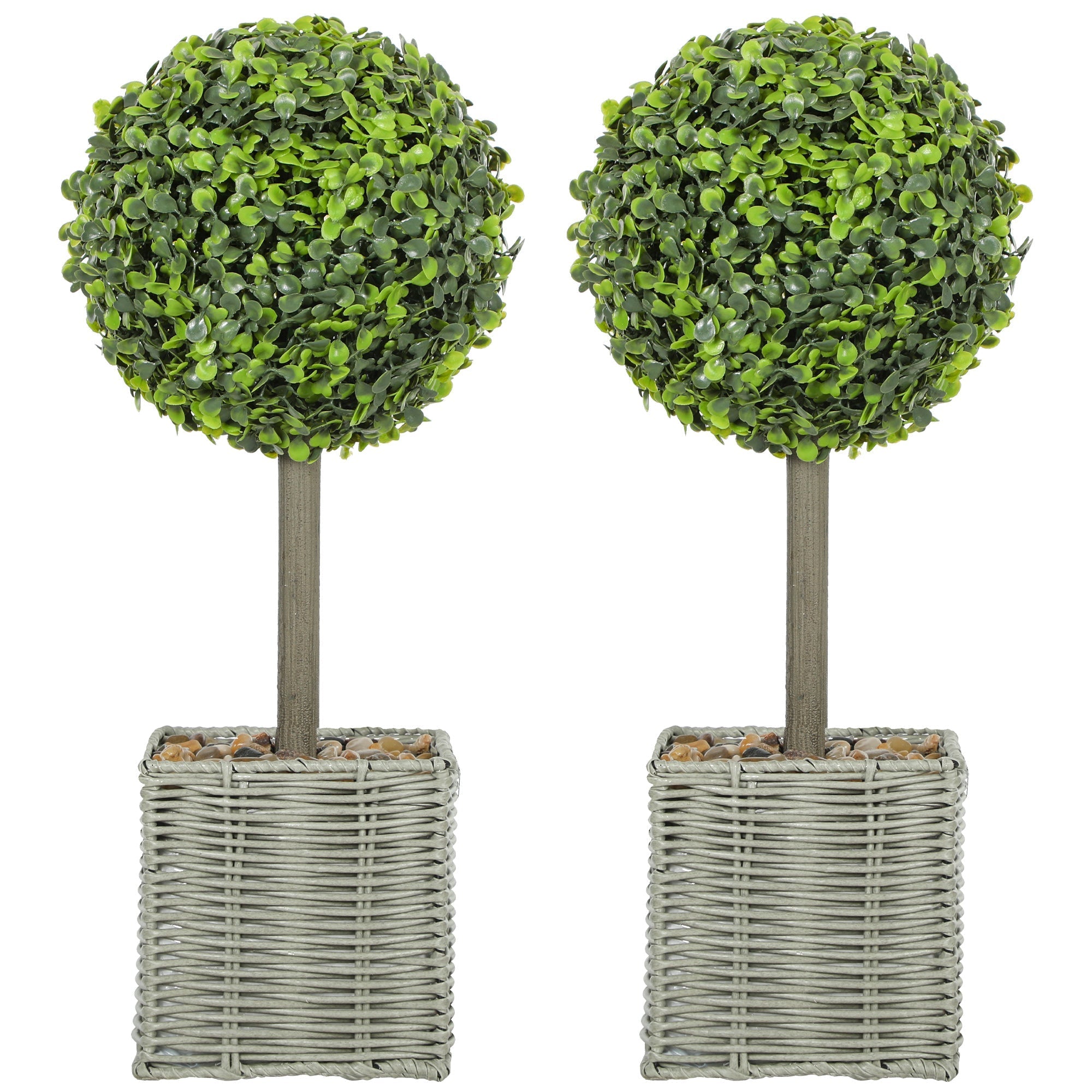Two fully assembled homcom artificial topiary trees with vibrant green foliage in woven plastic pots for home decor