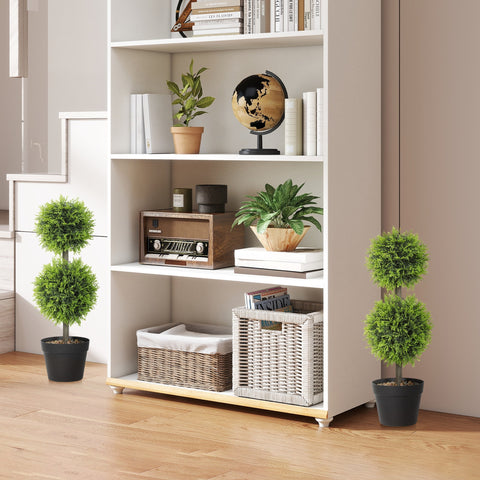 White bookshelf displaying homcom set of 2 green artificial topiary cypress double-ball trees in plastic pots with pebbles
