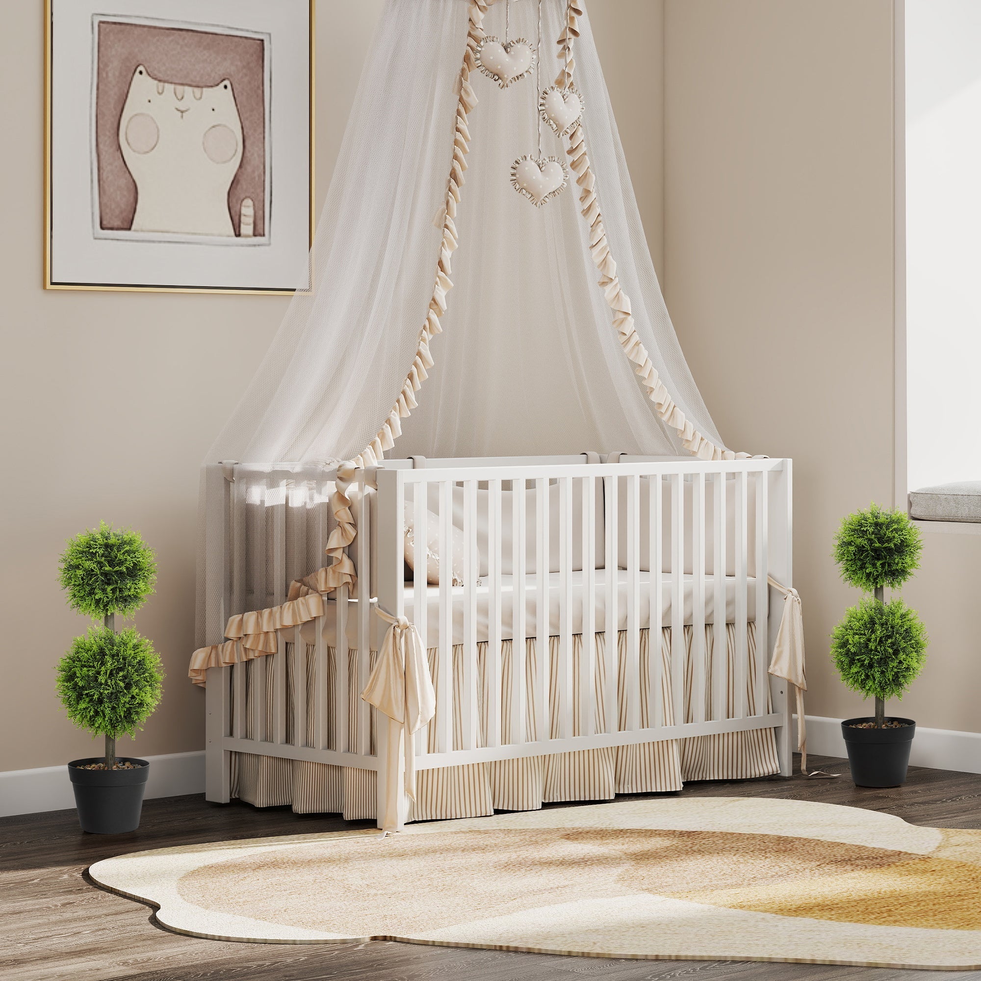 White wooden crib with beige ruffled bedding and canopy near homcom set double-ball topiary cypress fake plants in plastic pots