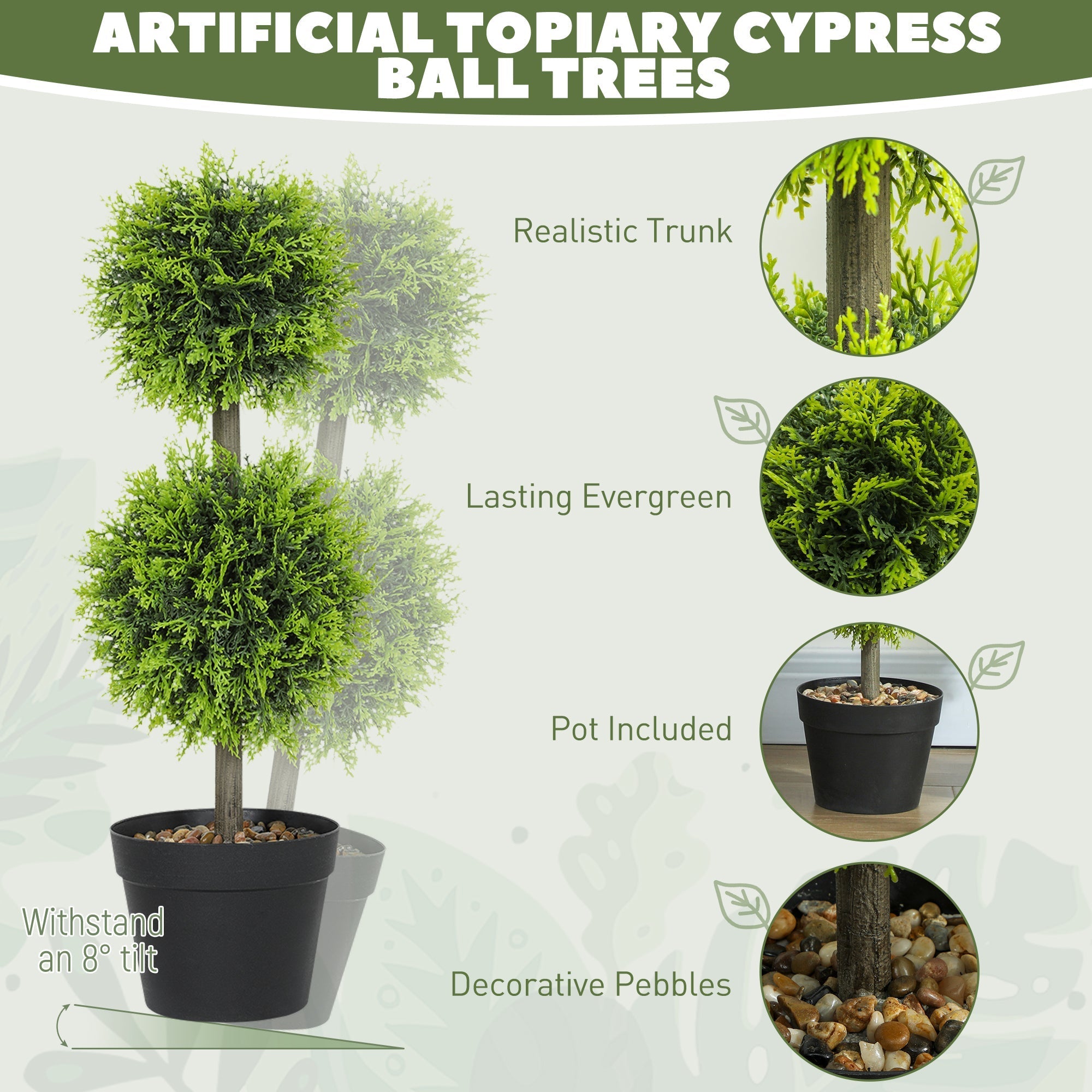 Homcom set of 2 artificial topiary cypress ball trees with double-ball design green faux leaves brown trunk in black pot