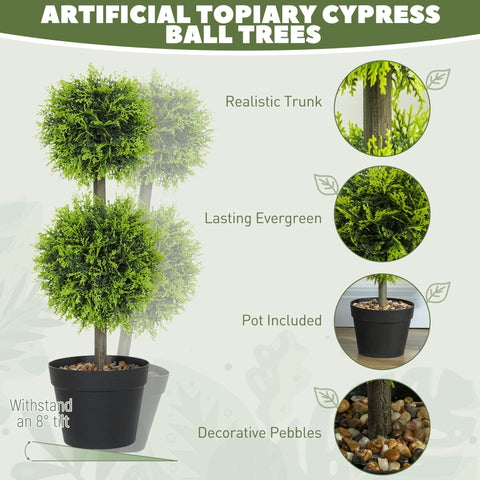 Homcom set of 2 artificial topiary cypress ball trees with double-ball design green faux leaves brown trunk in black pot