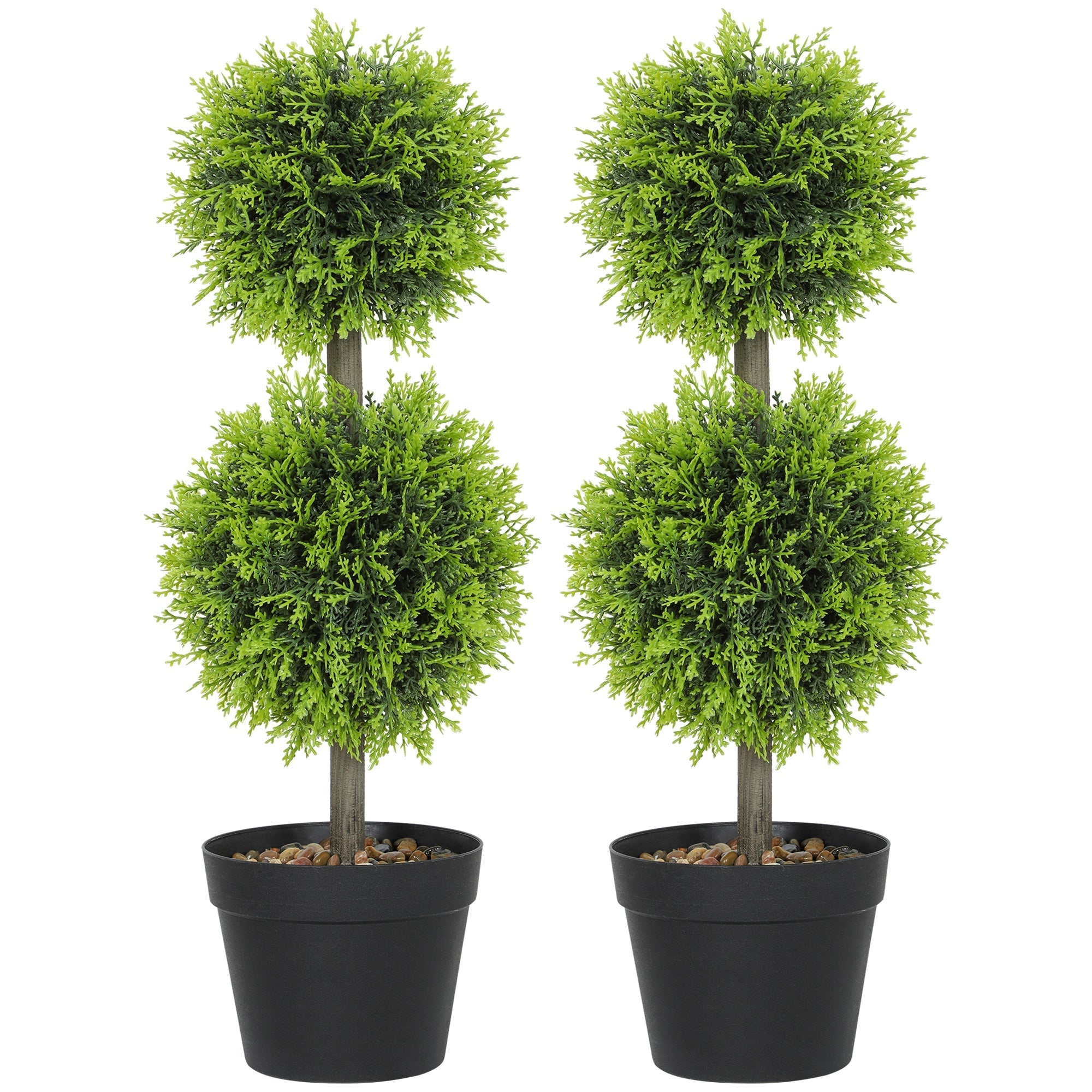 Homcom set of 2 decorative artificial topiary cypress ball trees with double-ball design in black pots for home decor