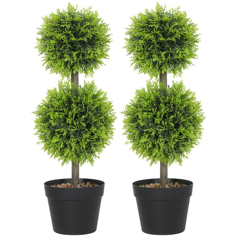 Homcom set of 2 decorative artificial topiary cypress ball trees with double-ball design in black pots for home decor