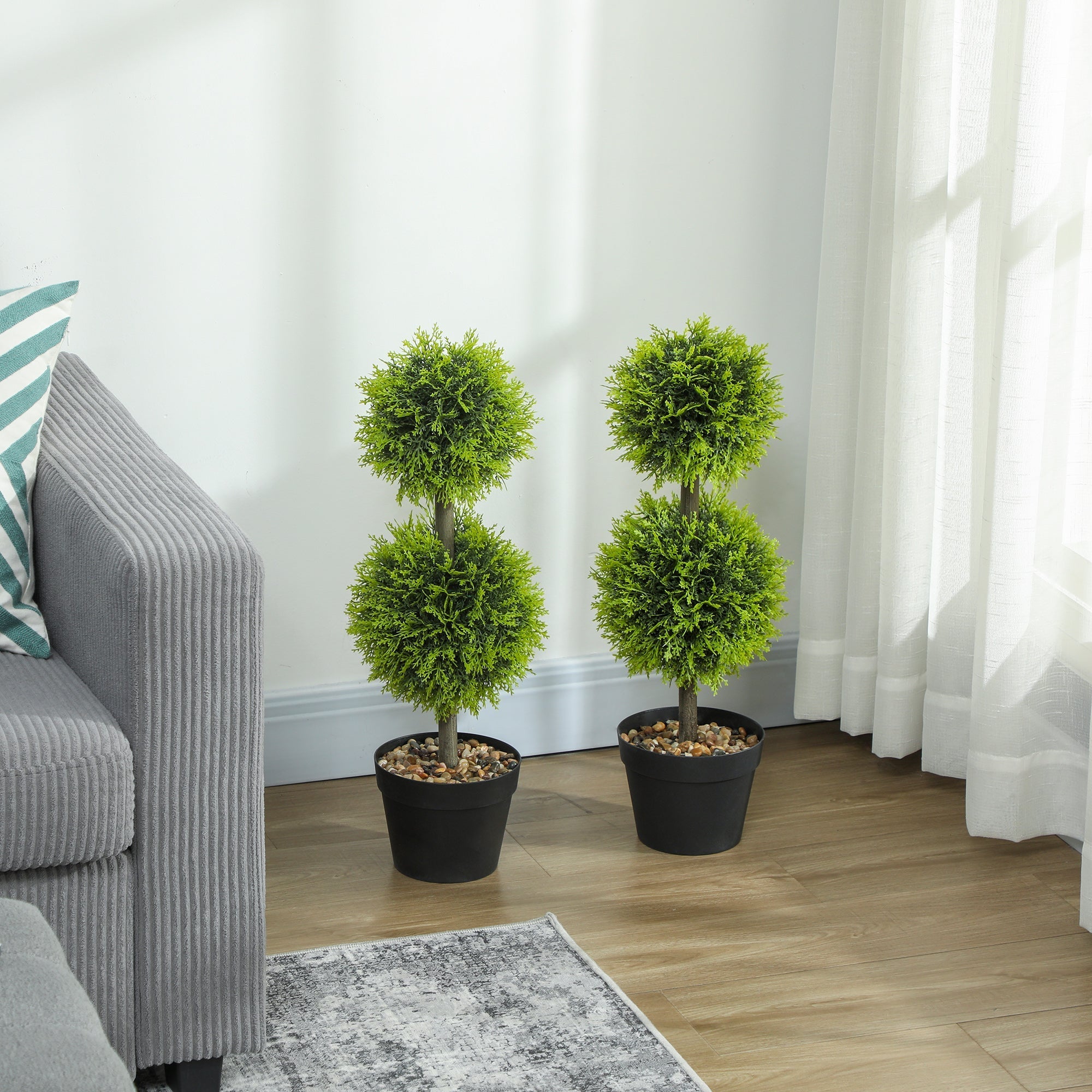 Homcom set of 2 decorative artificial topiary cypress trees with green double-ball design in black pots with pebbles