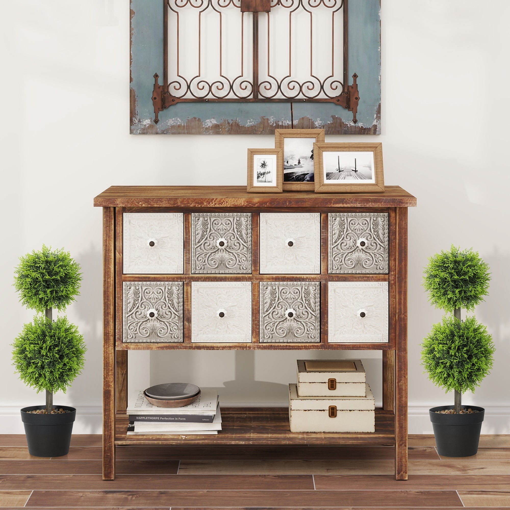 Rustic wooden console table with nine white and gray ornate metal drawers paired with homcom set topiary cypress fake plants