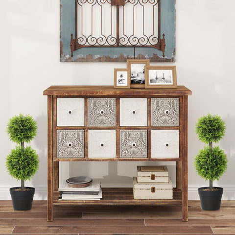 Rustic wooden console table with nine white and gray ornate metal drawers paired with homcom set topiary cypress fake plants