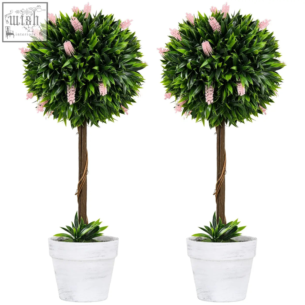 Homcom set of 2 low maintenance ball-shape artificial topiary trees with pink lavender flowers in white ceramic pots