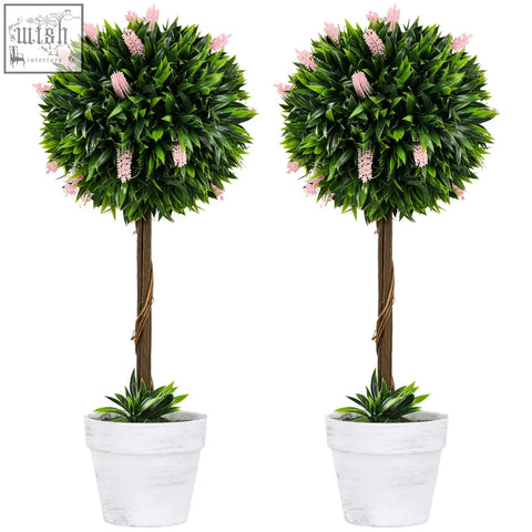 Homcom set of 2 low maintenance ball-shape artificial topiary trees with pink lavender flowers in white ceramic pots