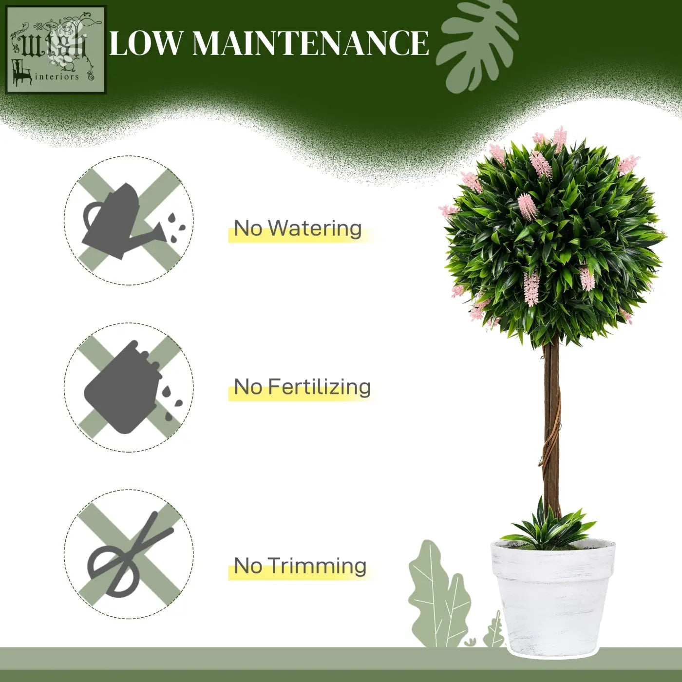 Homcom set of 2 low maintenance ball-shape trees with pink lavender flowers in white ceramic pots for indoor outdoor decor