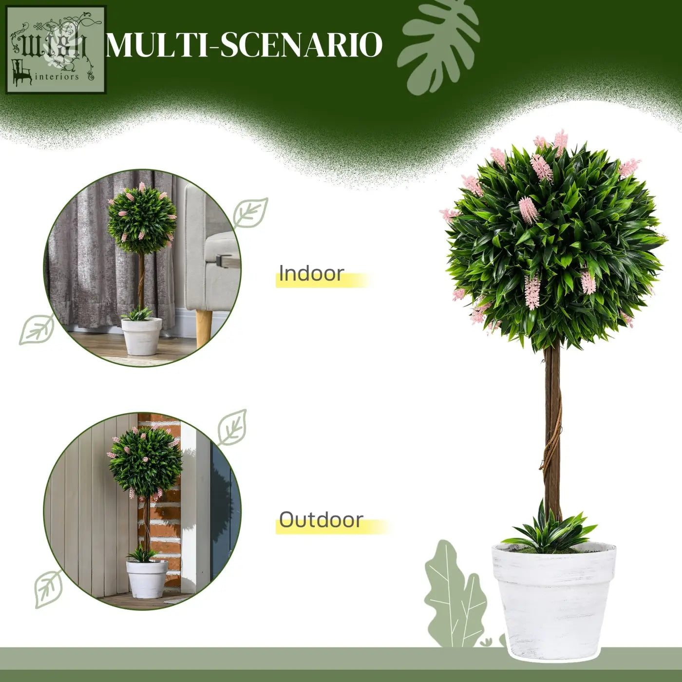 Homcom set of 2 low maintenance ball-shape artificial plants with pink lavender flowers in white ceramic pots for decor