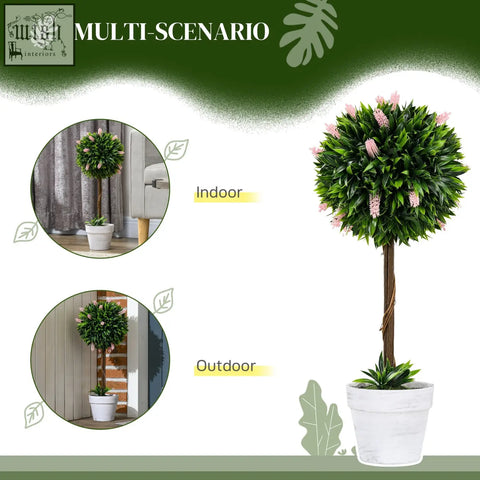 Homcom set of 2 low maintenance ball-shape artificial plants with pink lavender flowers in white ceramic pots for decor