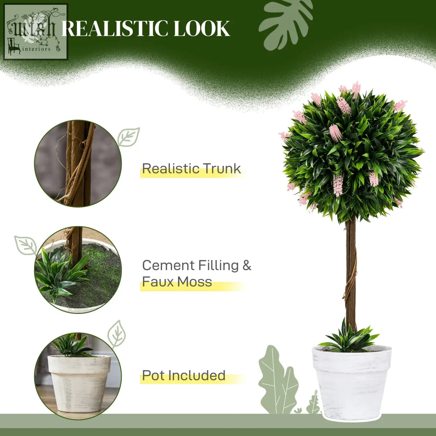 Lush green ball-shape tree with pink lavender flowers and a realistic brown trunk in a white pot low maintenance decor