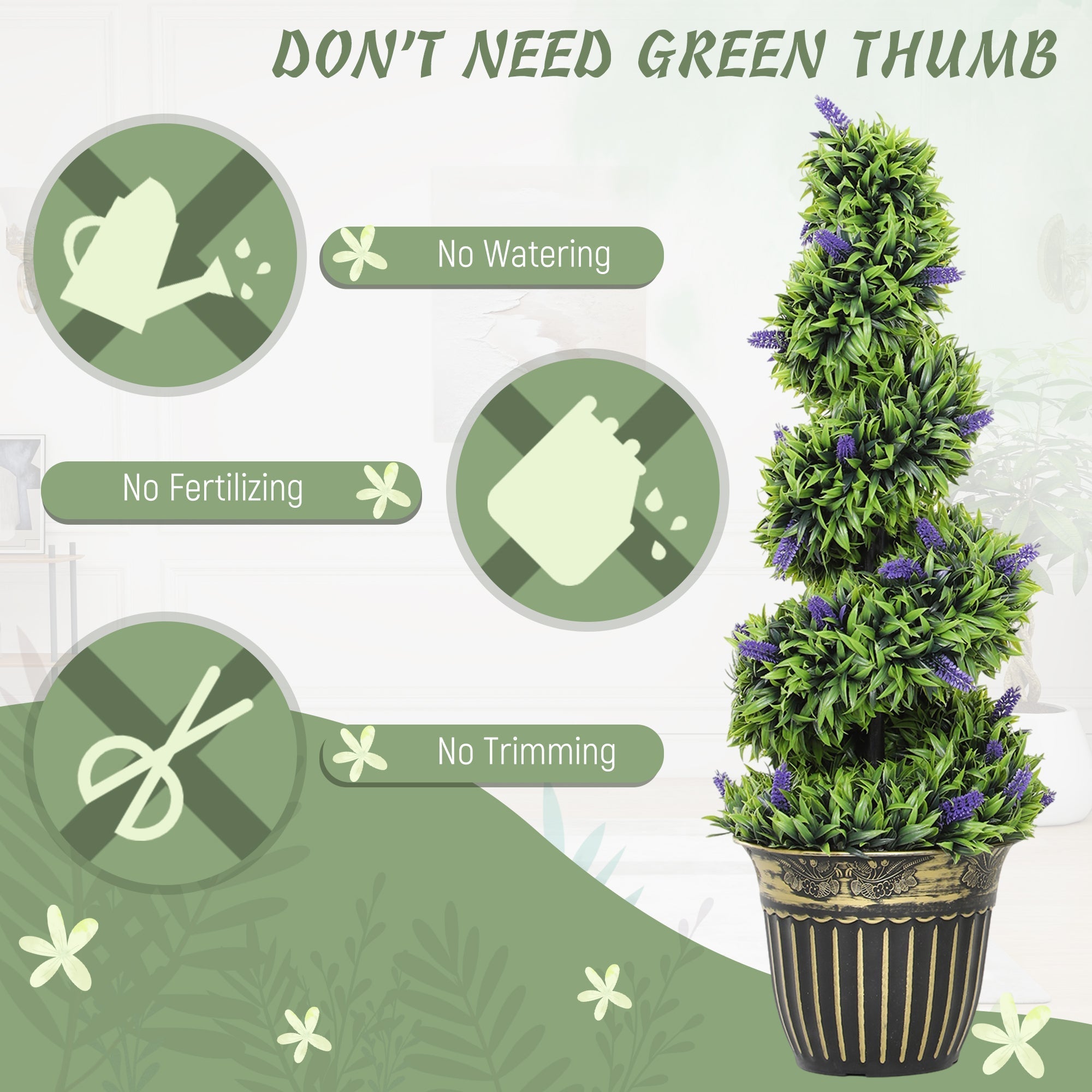 A spiral-shaped artificial lavender topiary with vibrant green leaves in a decorative black and gold pot for indoor decor